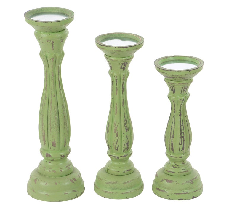 Deco 79 Wooden Decorative Candle Holder Distressed Turned Pillar Candle Stand, Set of 3 Candlestick Holder 15", 13", 11"H, Green - Image 5